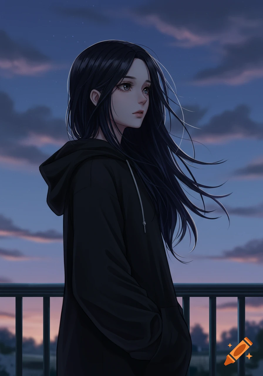 An anime girl with long black hair, wearing a black hoodie, stands on a balcony against a twilight sky, looking into the distance.