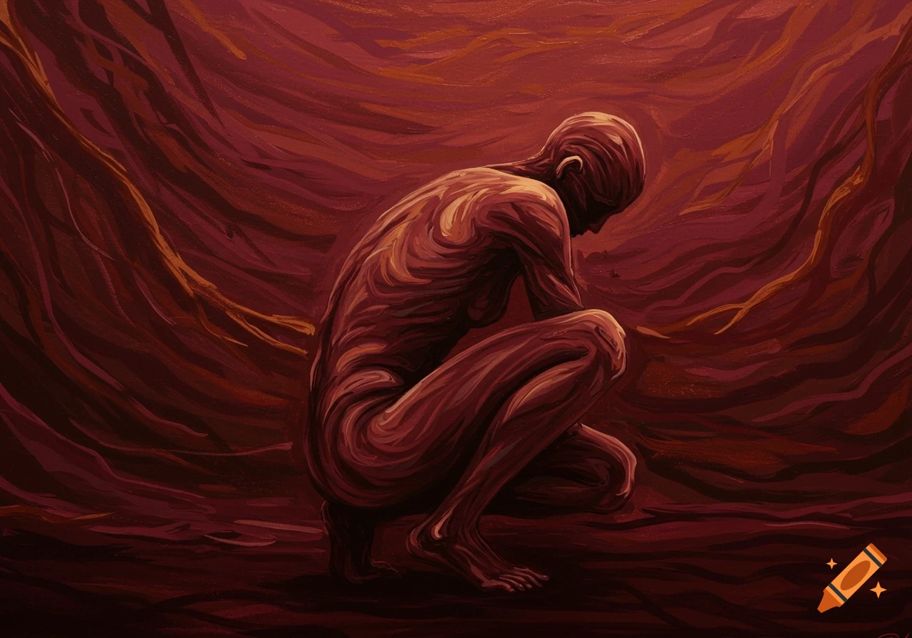 A surrealist oil painting of a nude figure crouching in an organic, red-brown swirling environment.