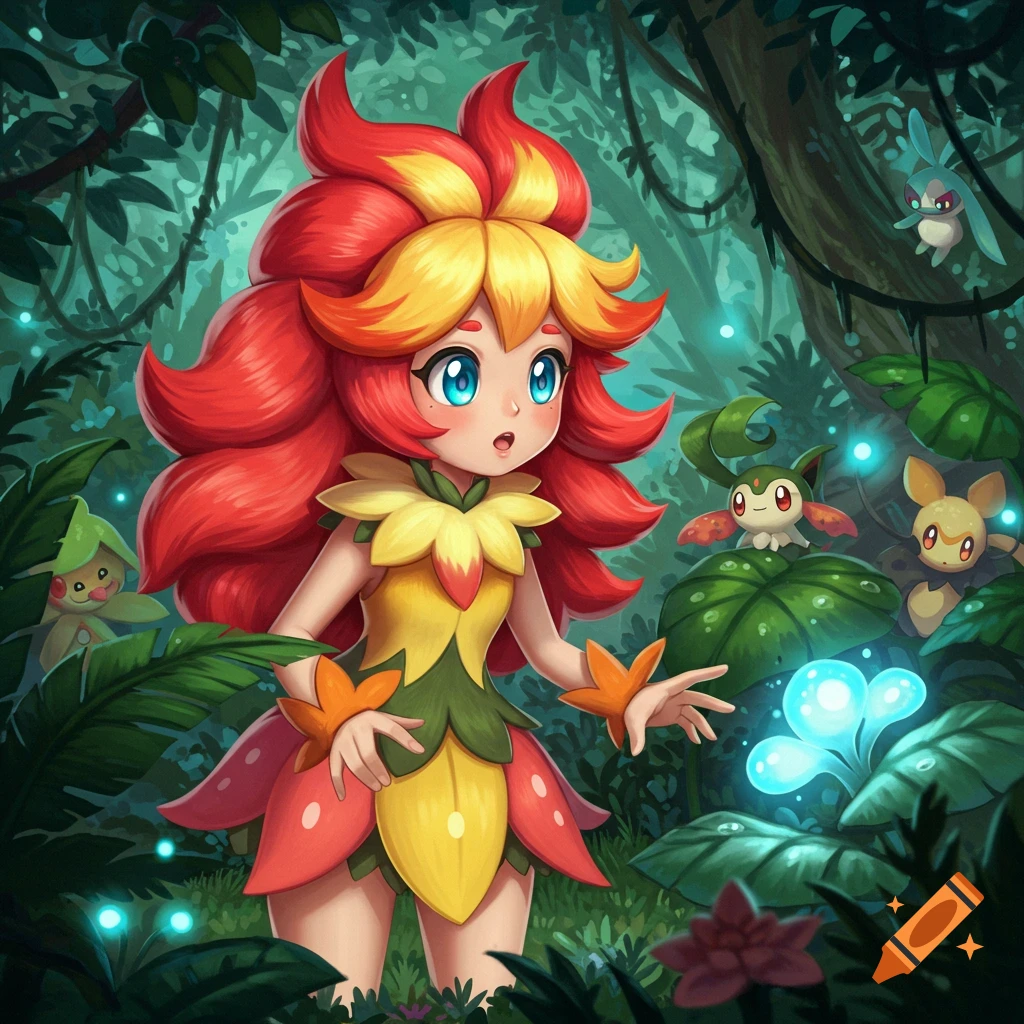 A cute, anime-style girl with flower-like hair and outfit in a lush jungle, surprised by a glowing plant with small animal-like creatures.