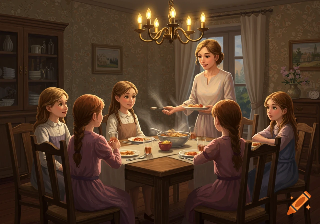 An illustration of a mother serving a meal to her four daughters sitting around a dining table.