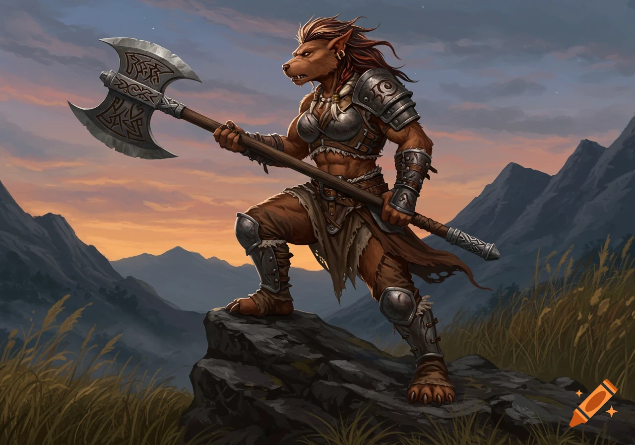 A female bugbear warrior in armor holds a greataxe on a rocky mountain peak at sunset, digital fantasy art.