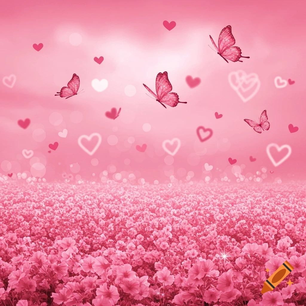 A vibrant pink background featuring pink butterflies, floating hearts, and a field of pink flowers.