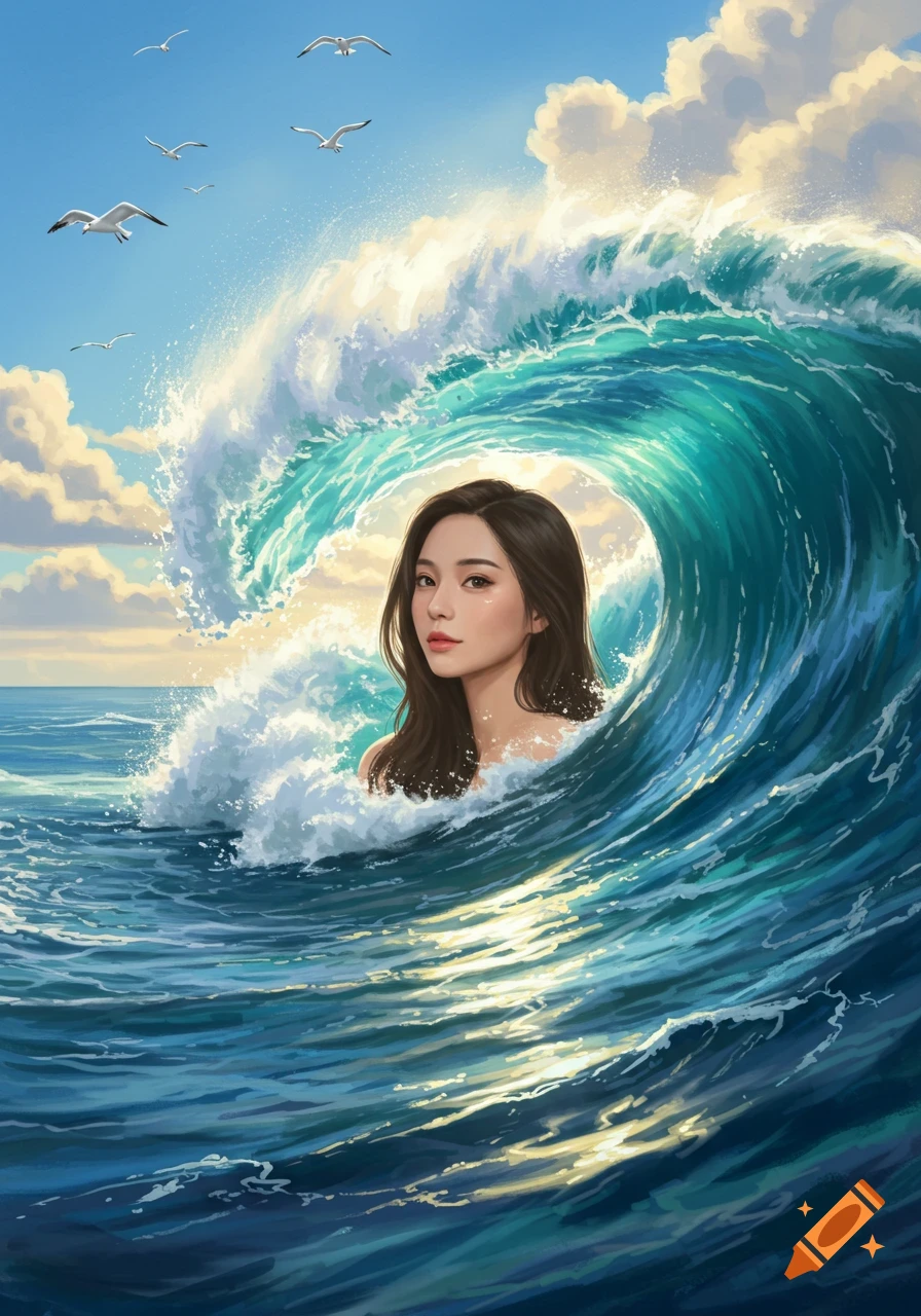 A digital painting of a woman's portrait emerging from the center of a large, curling ocean wave under a bright sky with seagulls.