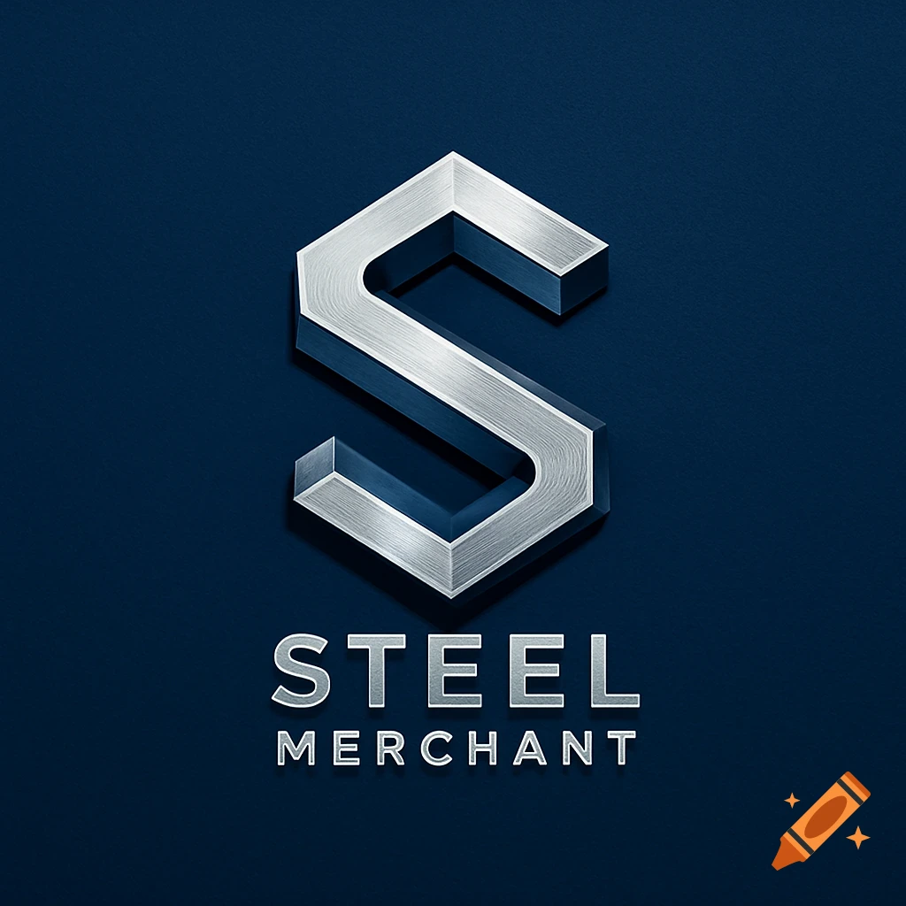 A 3D metallic letter S logo with 'STEEL MERCHANT' text below it, rendered on a dark blue background.