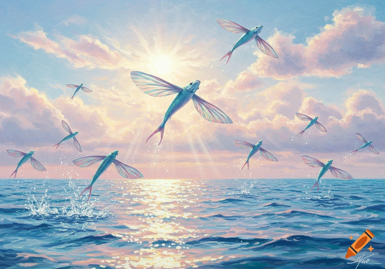 Painting of flying fish leaping from a sunlit ocean under a pastel sky with clouds.
