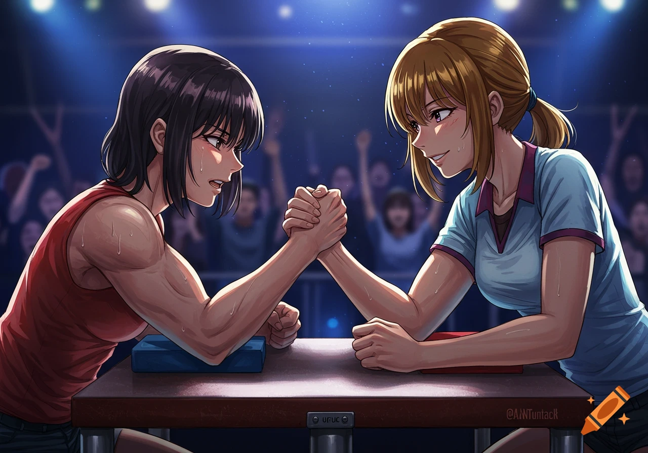 Two anime-style women arm wrestle intensely in a spotlighted arena with a cheering crowd.