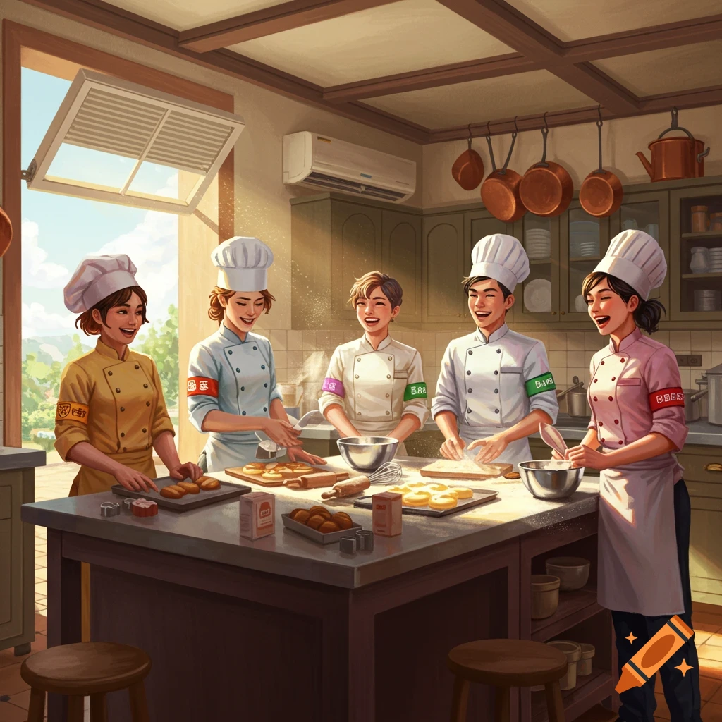 Five smiling young people in chef hats and jackets bake together in a sunlit kitchen, preparing dough and pastries.