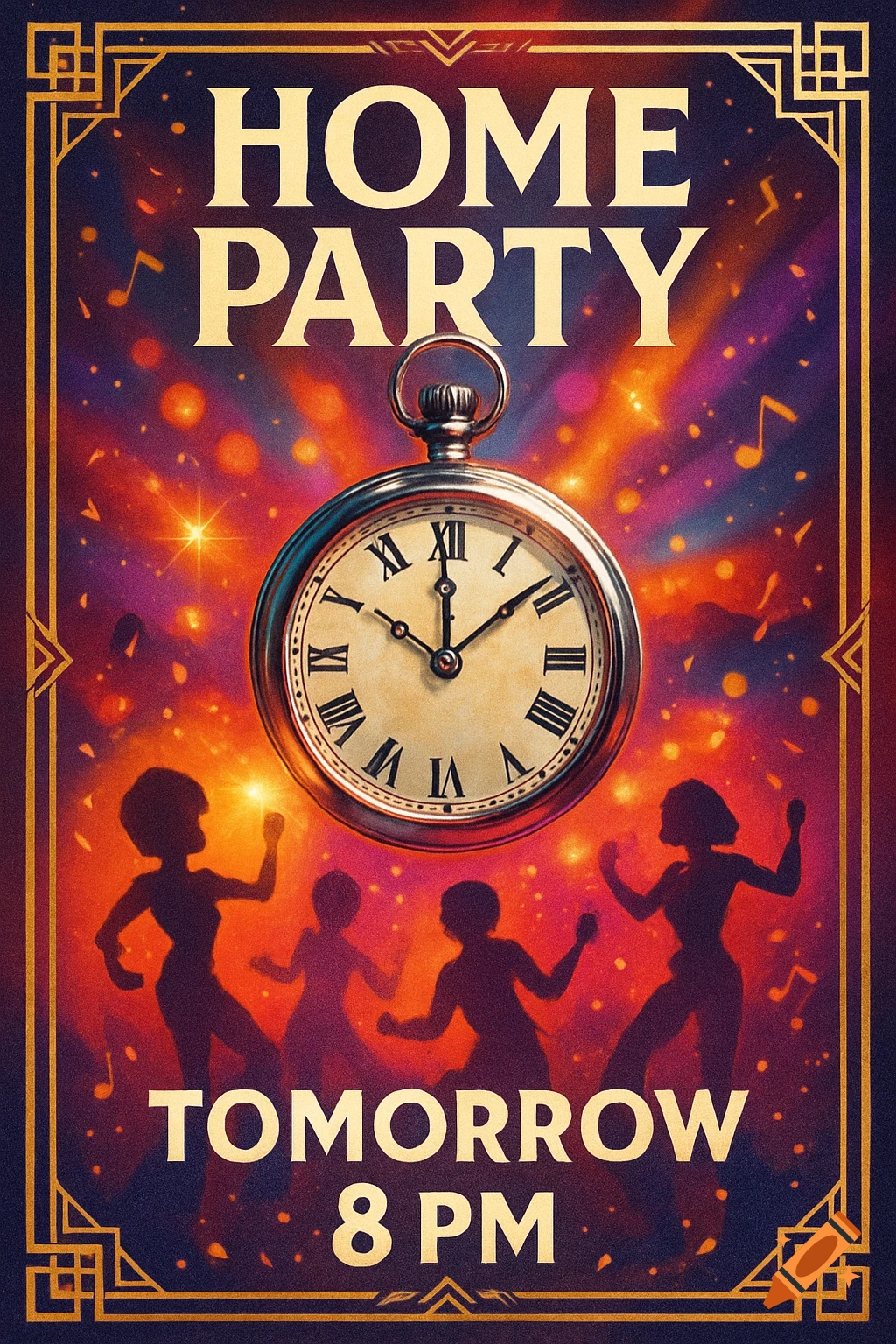 Art deco poster for a home party, with a pocket watch, dancing silhouettes, and text reading 'HOME PARTY TOMORROW 8 PM'.