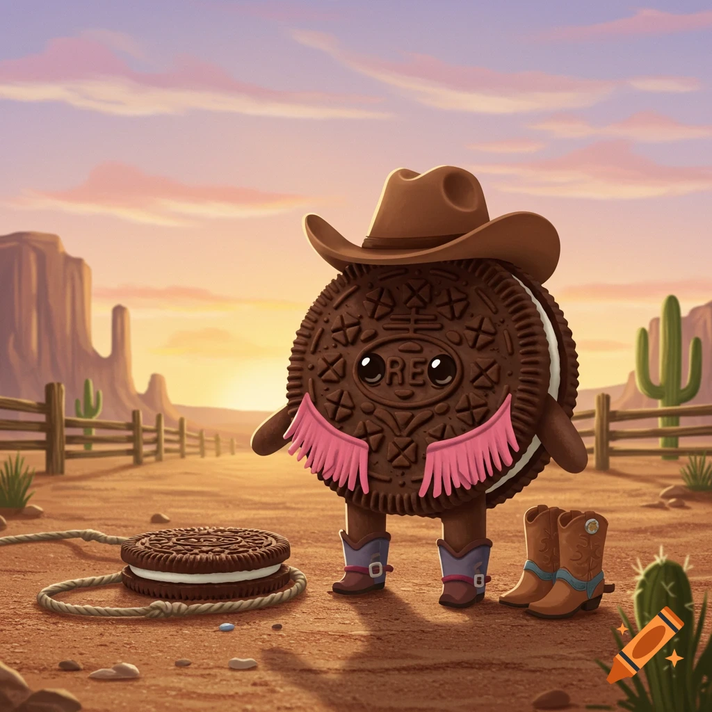 A cute cartoon Oreo cookie dressed as a cowgirl, wearing a hat, pink chaps, and boots, stands in a desert at sunset. Another Oreo lies with a lasso.
