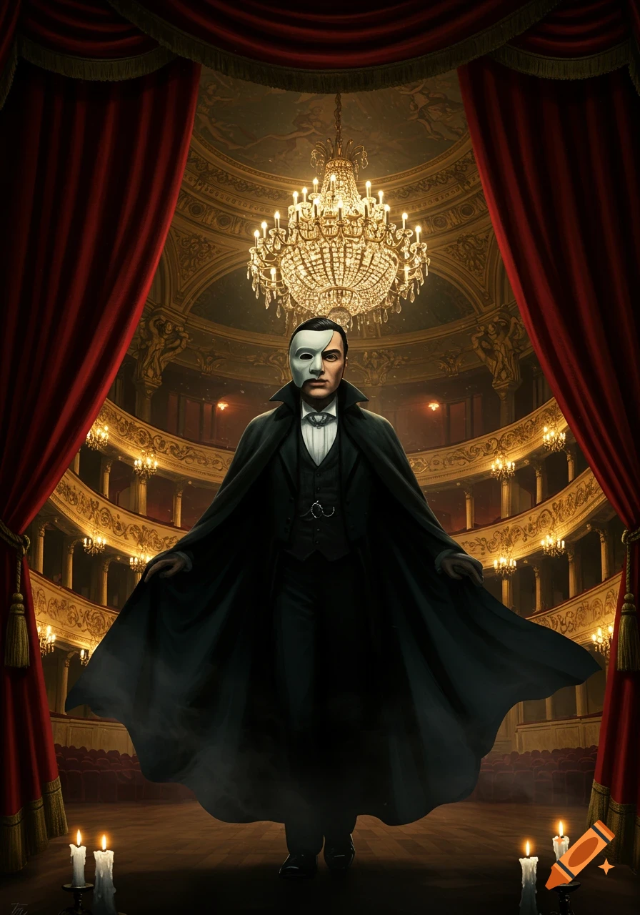 A man in a black cape and half-mask stands dramatically on an opera stage, with red curtains and a chandelier.