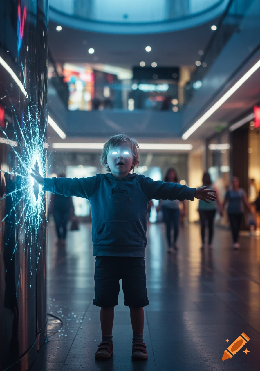 A child with glowing eyes touches a glass pane in a mall, causing it to crack with blue electric energy in a photorealistic style.