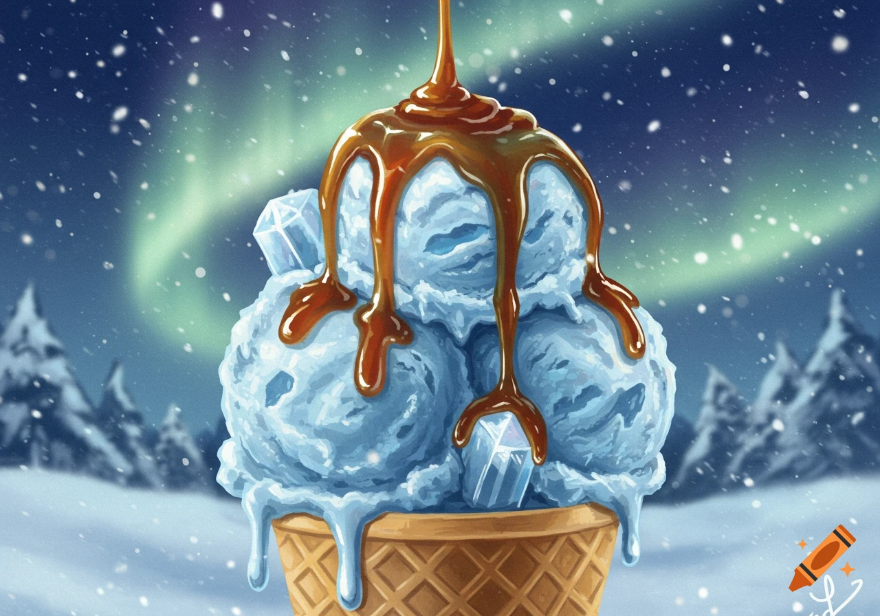 Light blue ice cream scoops with caramel drizzle in a waffle cone, set in a snowy arctic landscape with an aurora borealis.
