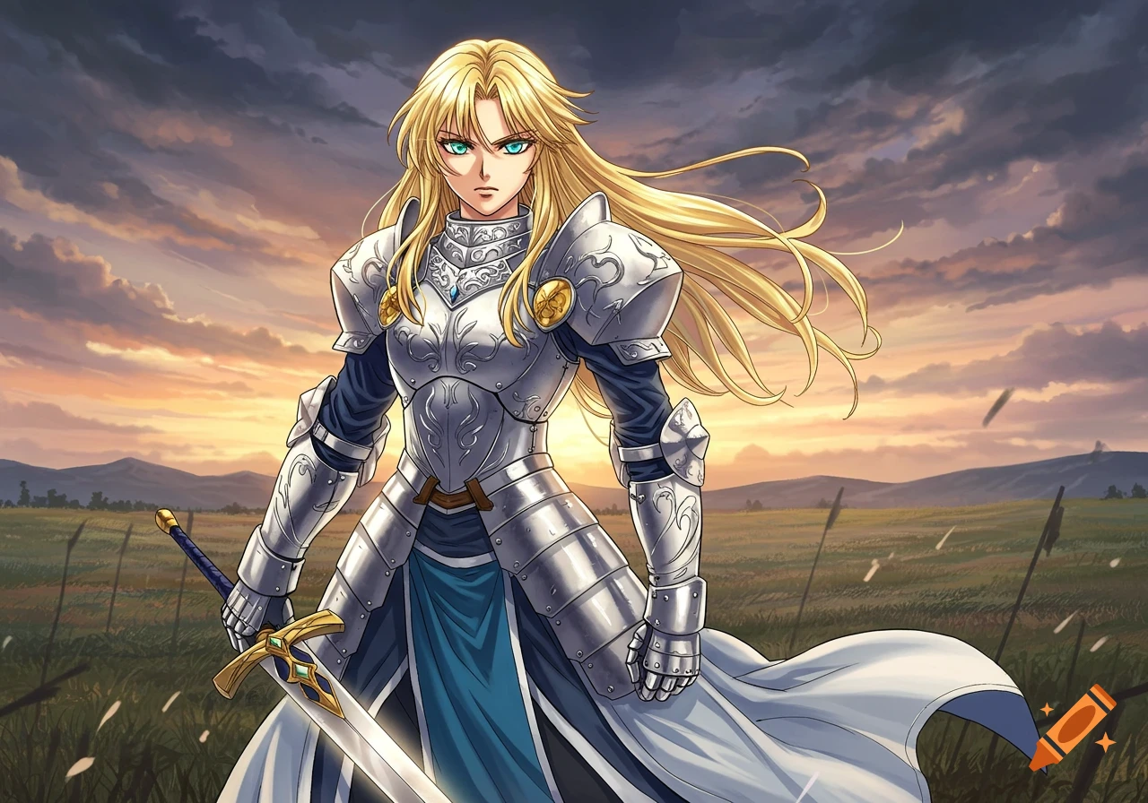 A blond female knight in silver armor holds a sword in a grassy field at sunset, manga style.