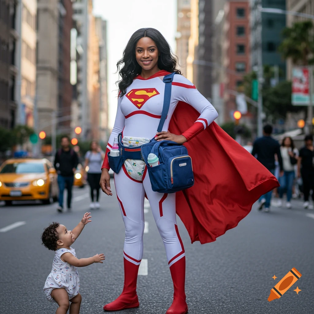 Photorealistic image of a smiling superhero mom in white and red suit with diaper bag, standing on a city street as a baby reaches up.