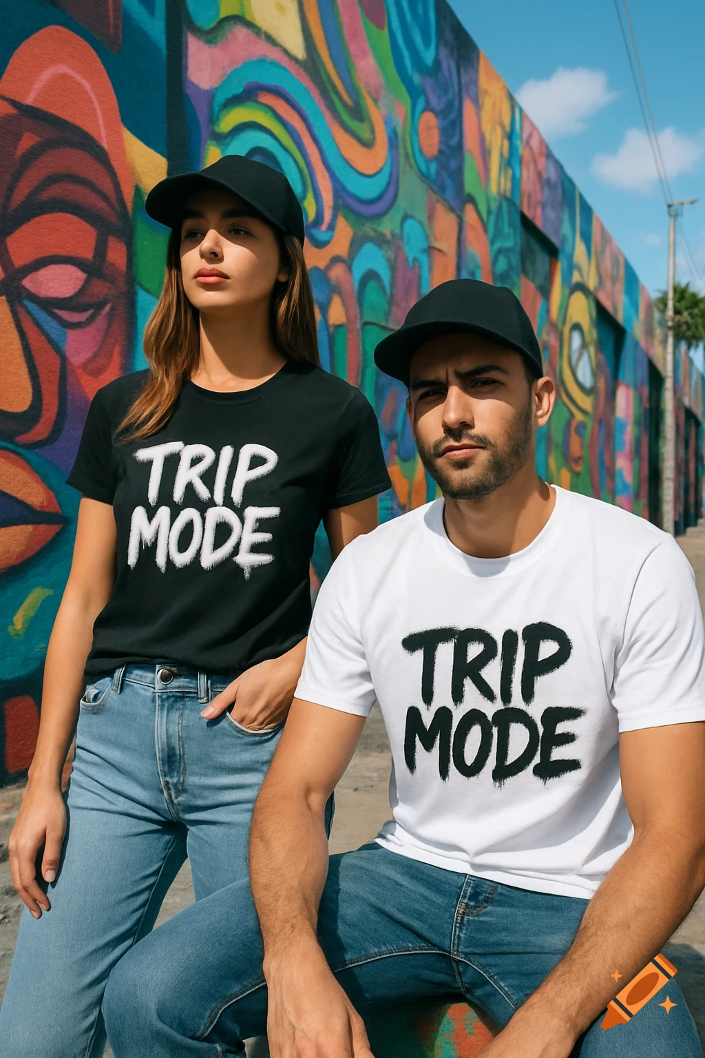 Photorealistic image of a man and woman wearing black caps and 'TRIP MODE' t-shirts, posing against a vibrant graffiti wall.