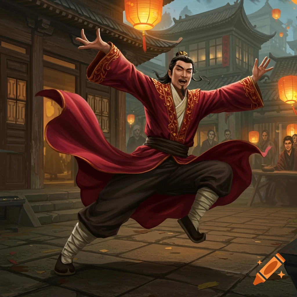 Man in a red robe performs a dynamic kung fu pose in a traditional Chinese street at dusk, lit by orange lanterns.