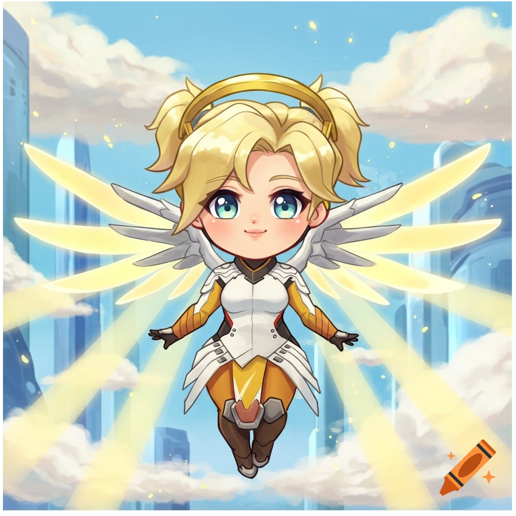 Chibi Mercy from Overwatch 2, with blonde pigtails, a halo, and large yellow wings, flying in a cloudy sky with city buildings.