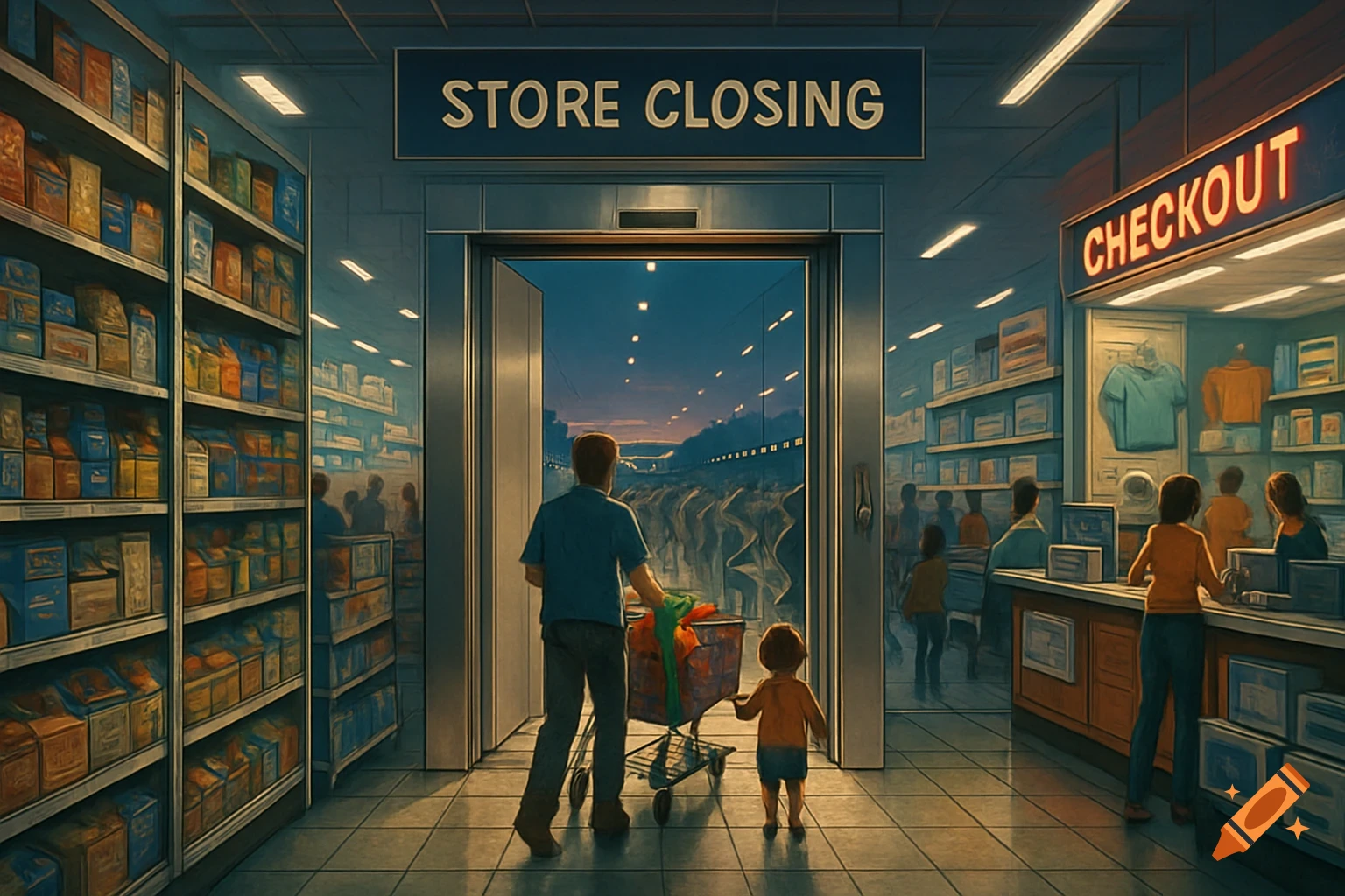 An illustrative scene of a man and child with a shopping cart leaving a supermarket, under a 'Store Closing' sign.