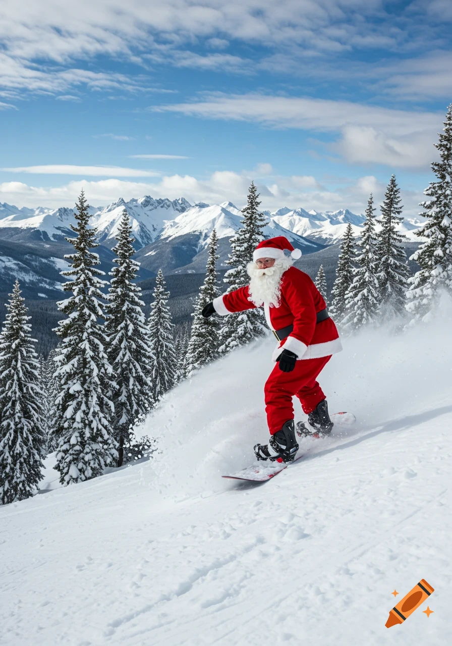 Santa Claus snowboards down a snowy mountain slope with pine trees and a clear blue sky.