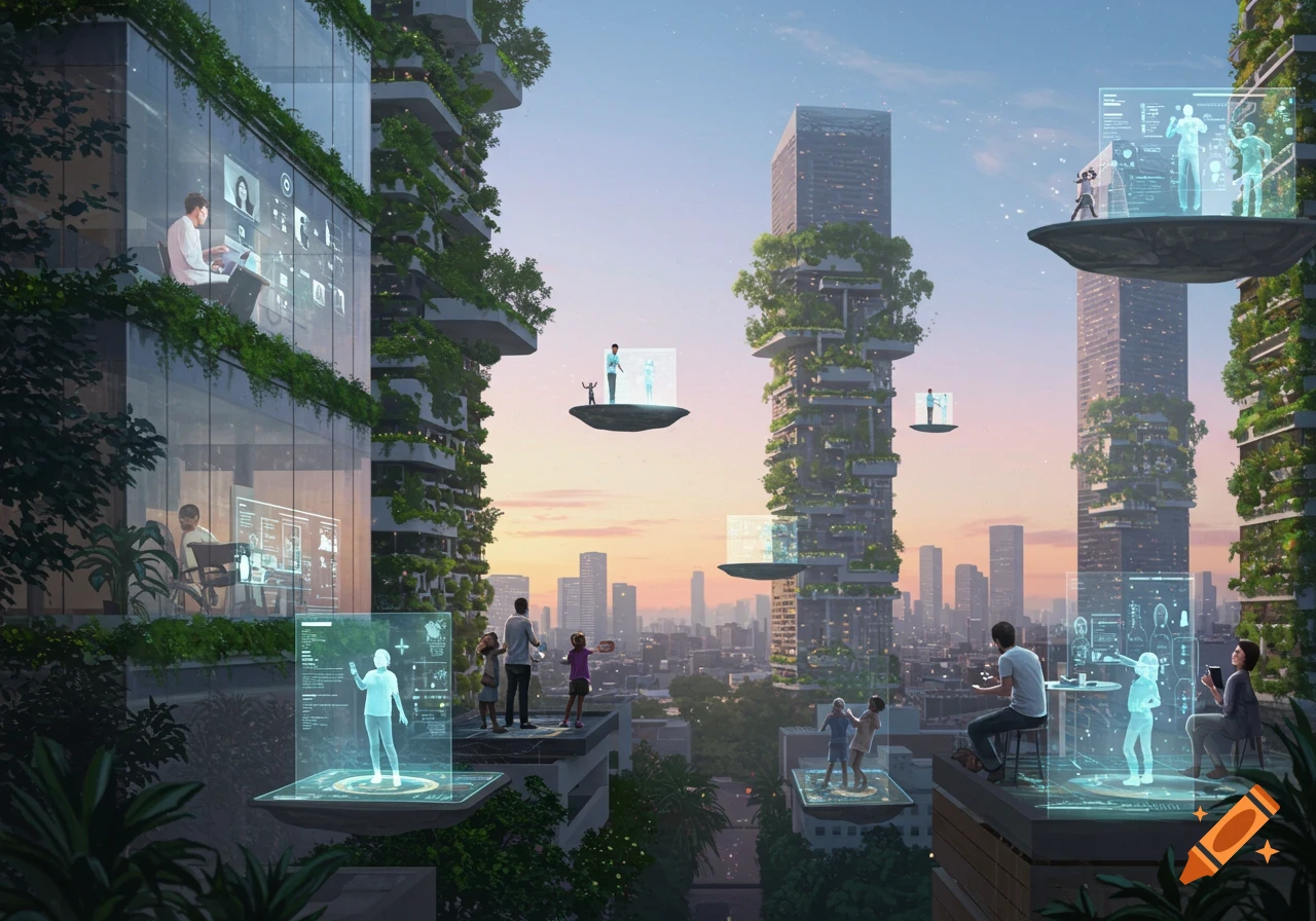 A futuristic city with green skyscrapers and people interacting with glowing holographic displays on balconies and floating platforms at sunset.