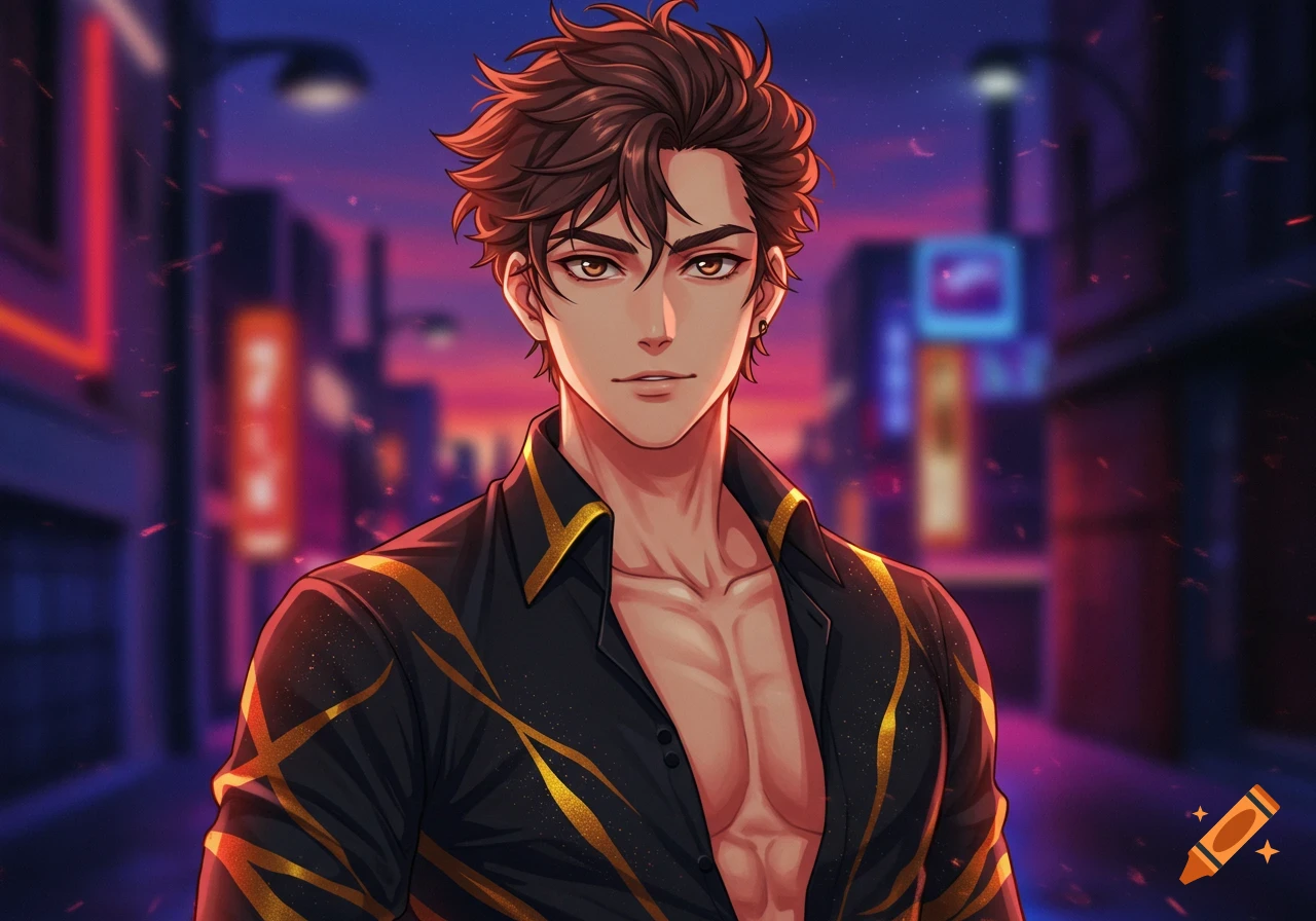 Anime portrait of a muscular young man with messy brown hair, brown eyes, and an open black shirt with gold stripes, against a blurred city night.