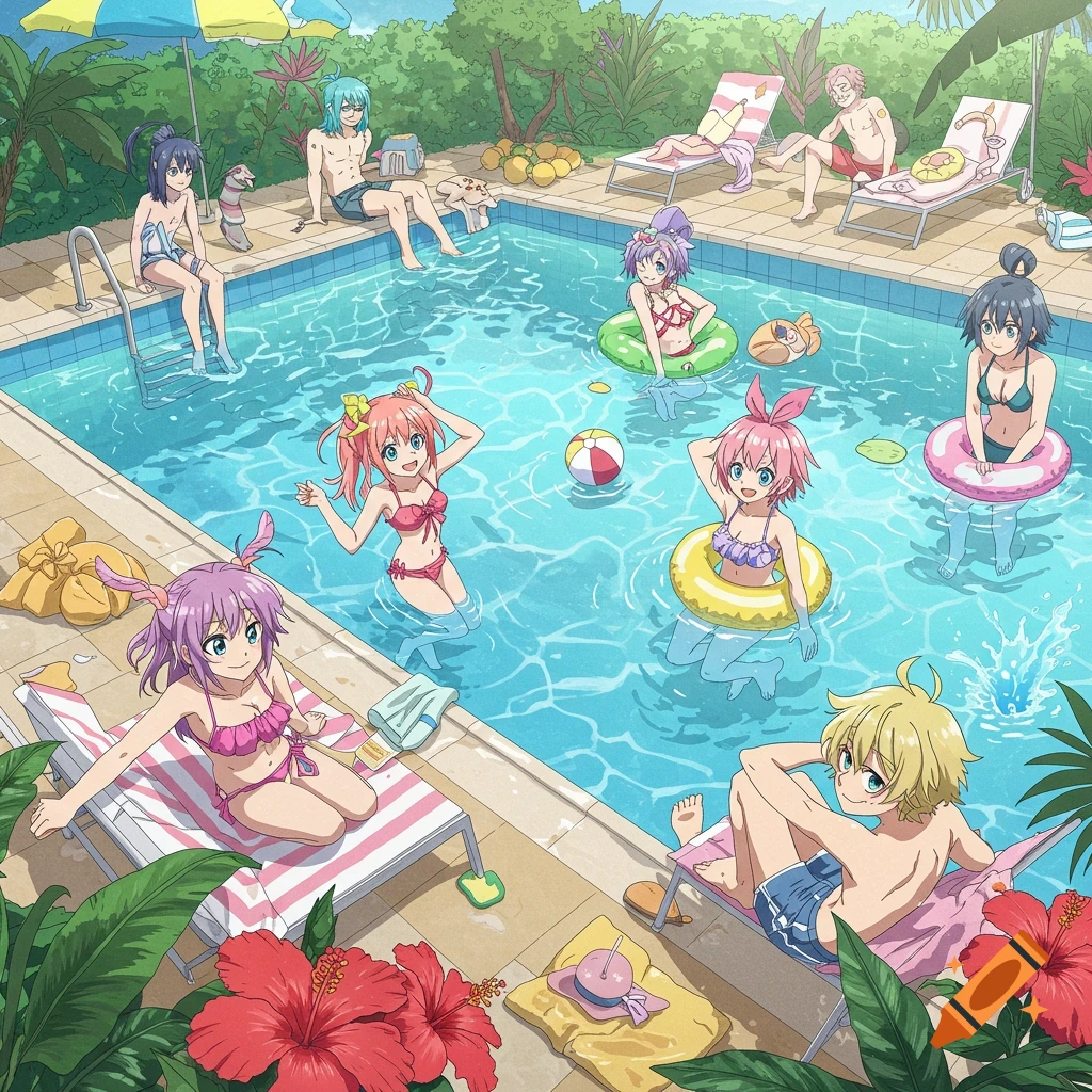 Anime characters swim and relax by a sunny outdoor pool.