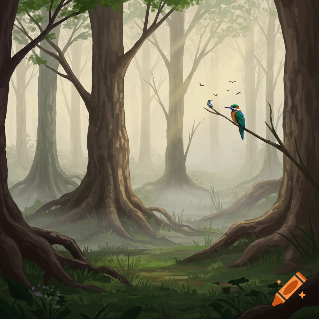 A digital painting of a misty forest with tall trees and exposed roots, featuring a colorful kingfisher and a small blue bird perched on a branch.
