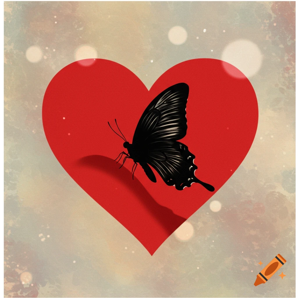 Black butterfly silhouette with textured wings rests on a large red heart, against a soft, speckled background.