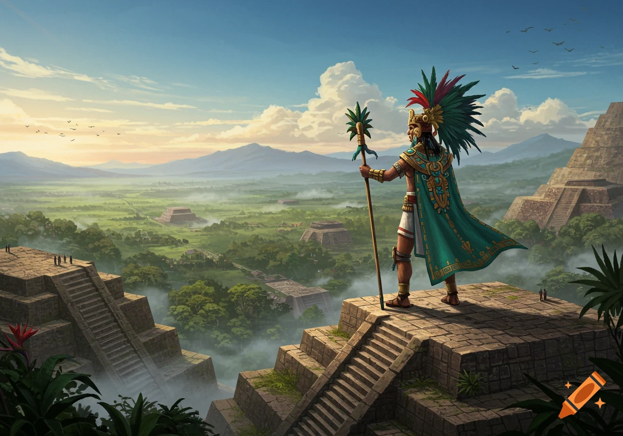 An Aztec-like warrior in elaborate regalia stands on a pyramid, overlooking a vast jungle valley with ancient structures.