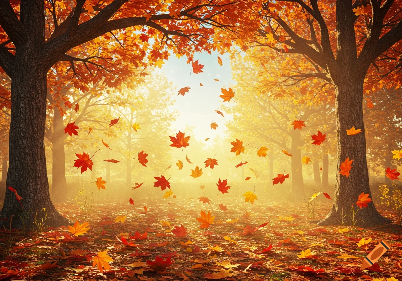 Photorealistic autumn forest scene with vibrant orange and red leaves falling from trees and covering the ground in golden light.