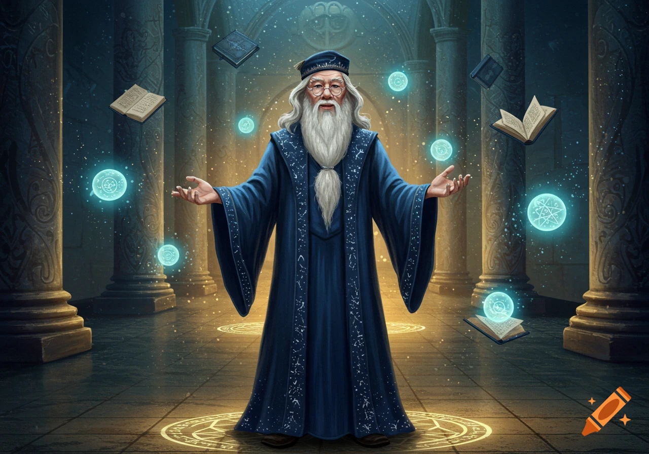 An old wizard, resembling Dumbledore, stands in a mystical hall with glowing runes, books, and orbs floating around him.