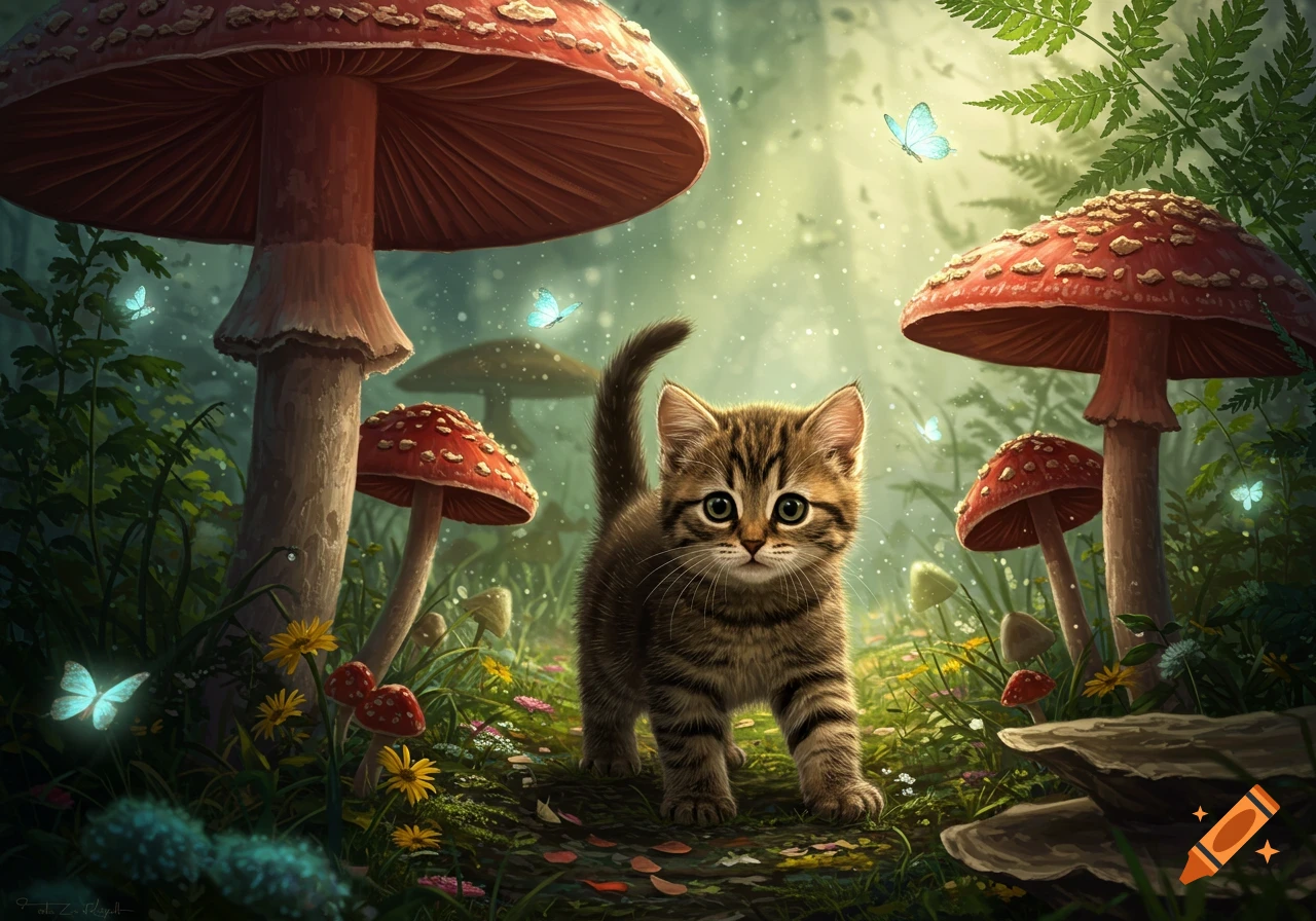 A cute, photorealistic brown tabby kitten walks on a mossy path in a whimsical mushroom forest with glowing blue butterflies.