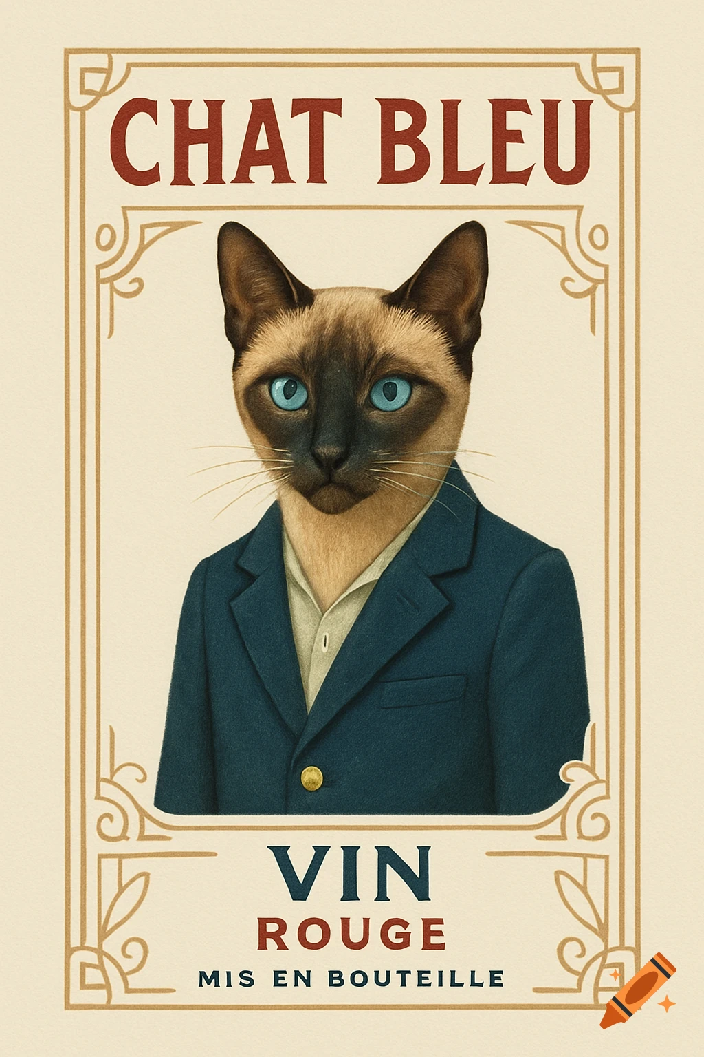 Art Deco style wine label featuring a Siamese cat in a navy blazer with blue eyes, text reads 'CHAT BLEU VIN ROUGE'.