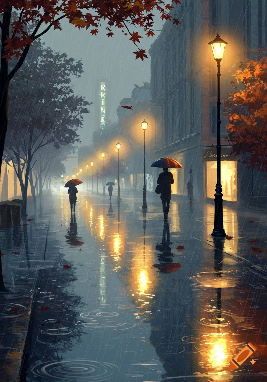 A moody digital painting of a rainy city street at night, with people holding umbrellas walking under glowing streetlights and autumn trees.