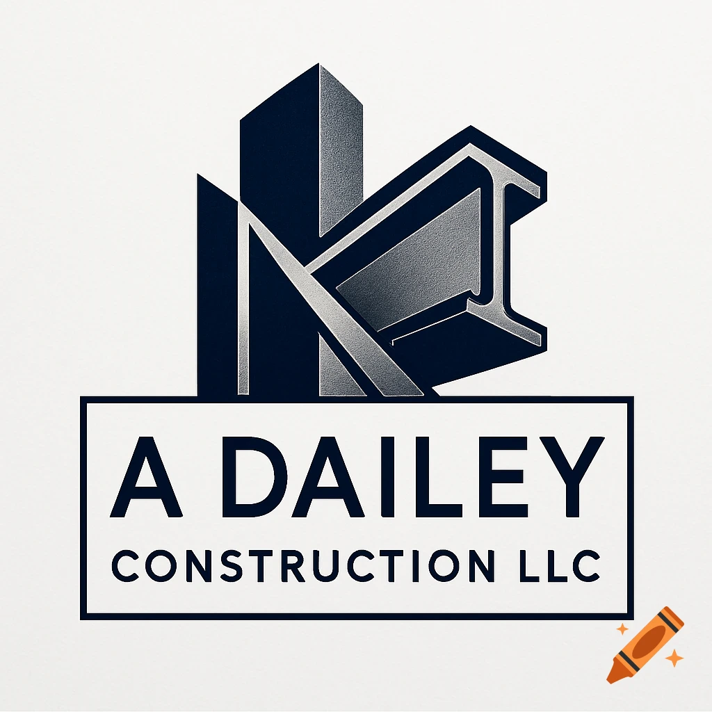 Minimalist logo with abstract buildings and an I-beam, above the text 'A DAILEY CONSTRUCTION LLC' in a clean font.