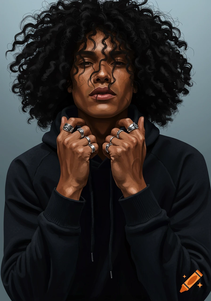 Digital art portrait of a person with dark curly hair in a black hoodie and silver rings, against a gray background.