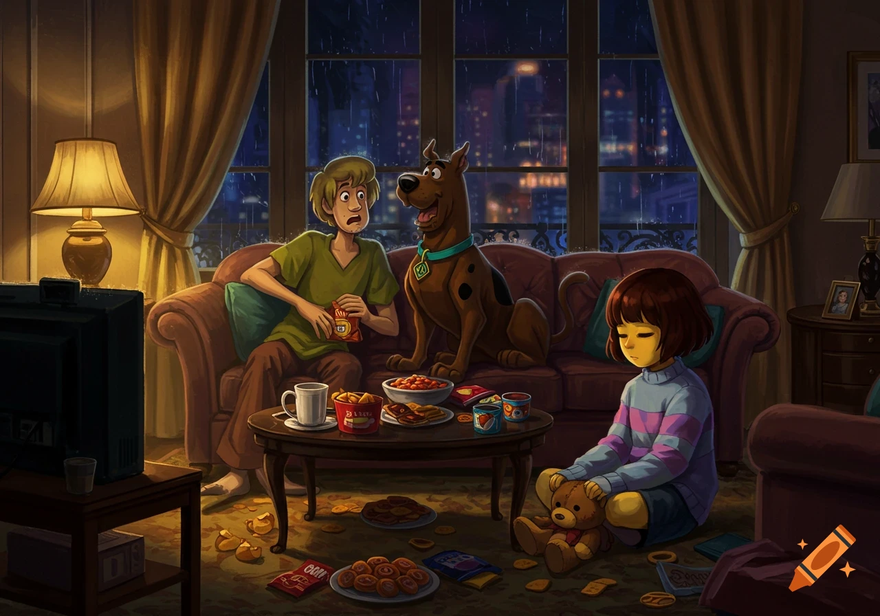 Shaggy, Scooby-Doo, and Frisk from Undertale relax in a cozy living room, eating snacks and watching TV as it rains outside.