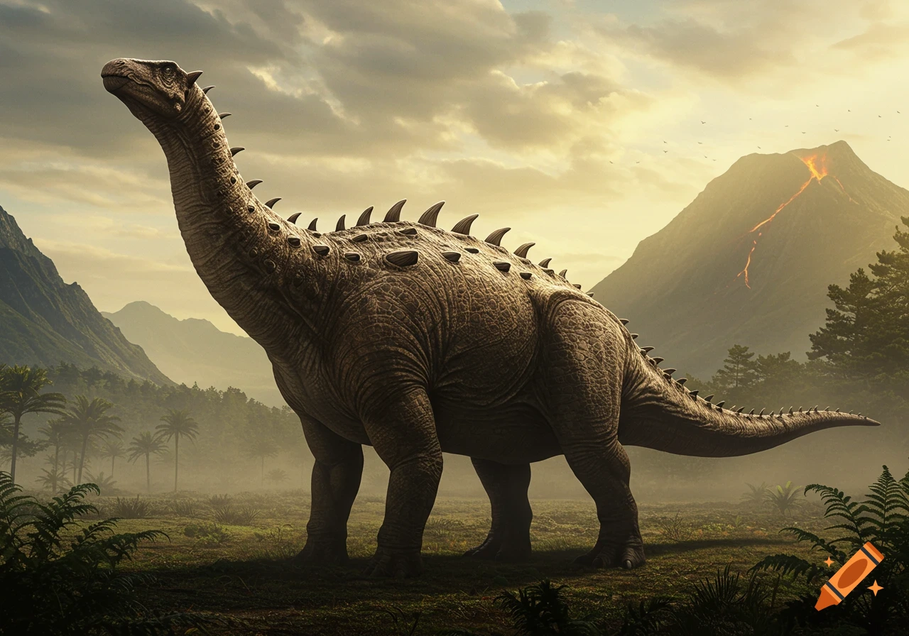 A long-necked dinosaur with spikes on its back and tail stands in a misty prehistoric valley with a smoking volcano in the background at sunset. Photorealistic style.