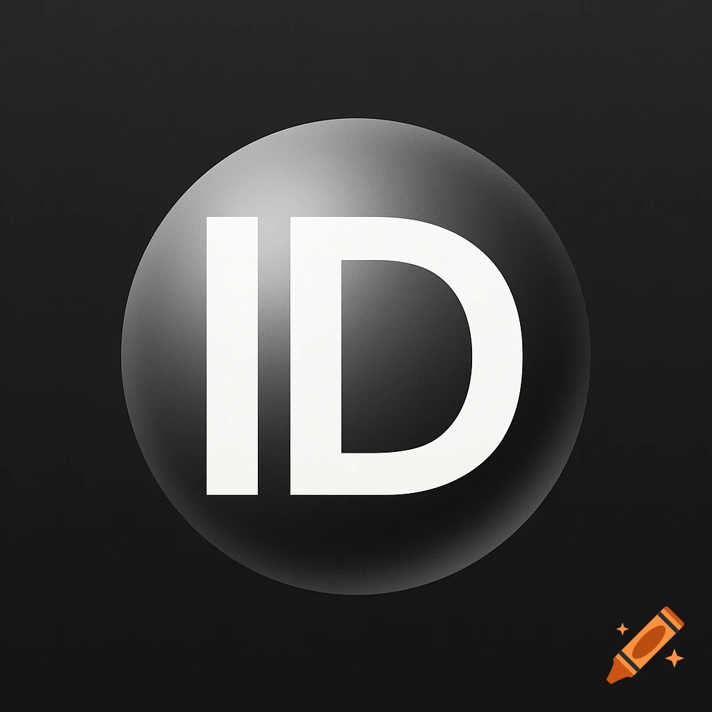 A minimalistic black and white logo featuring the letters 'ID' on a glossy, grey sphere against a dark background.