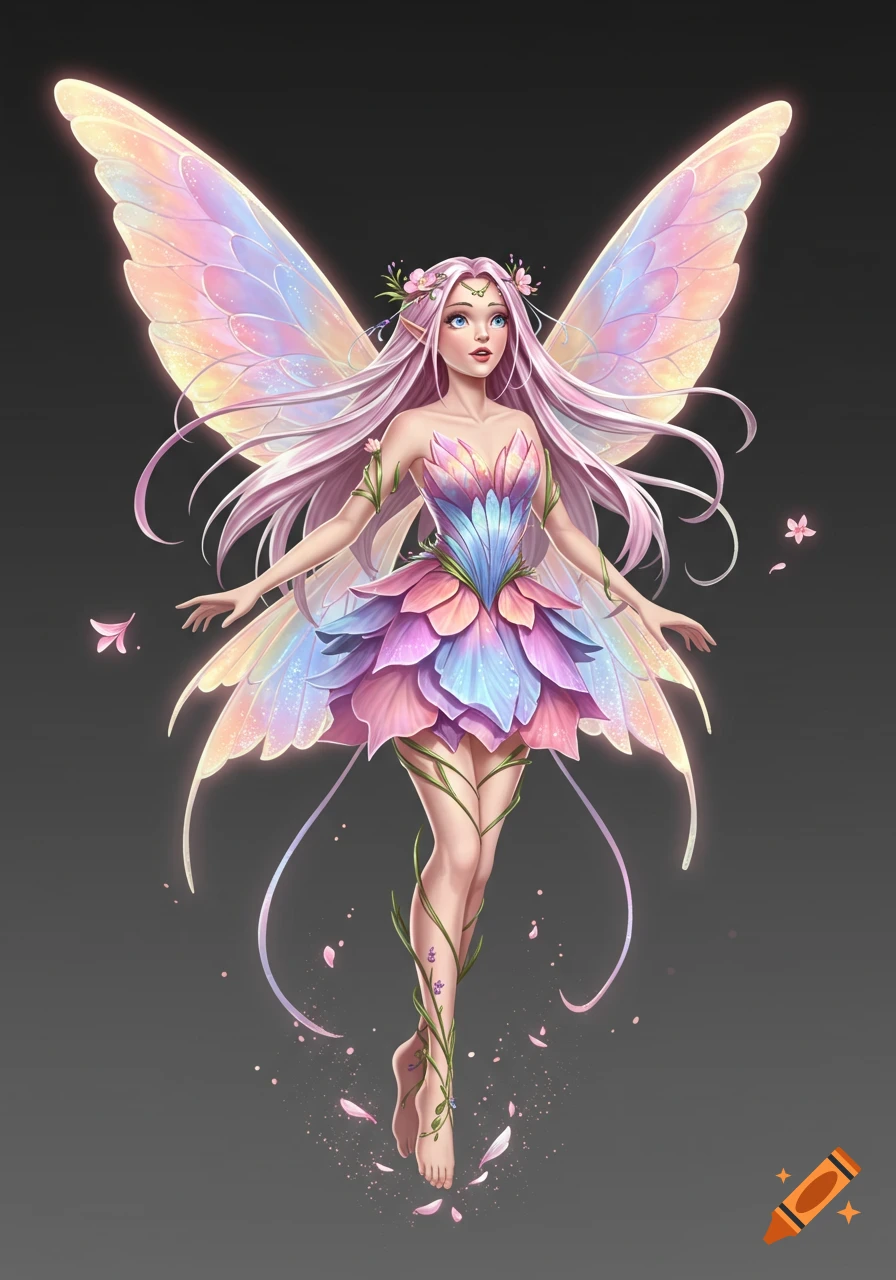 A beautiful fairy with long pink hair and colorful, iridescent wings, wearing a dress made of flower petals, floating amidst small pink petals.