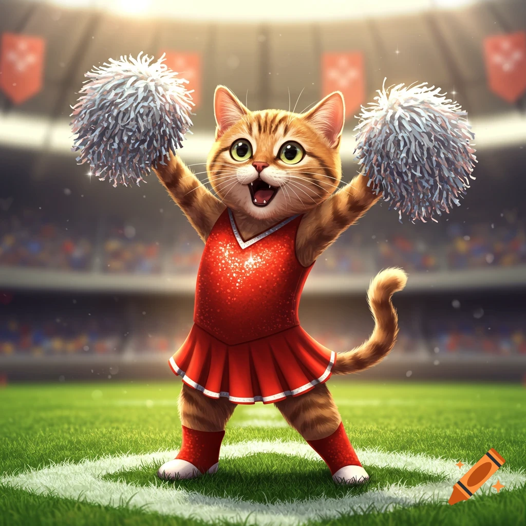 A cute, happy ginger cat dressed as a cheerleader, holding white pom-poms in a stadium.