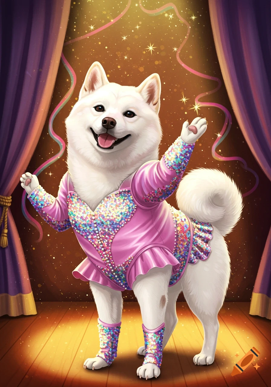 An illustrated white Shiba Inu dog in a sparkly pink costume on a spotlighted stage, raising its paws.