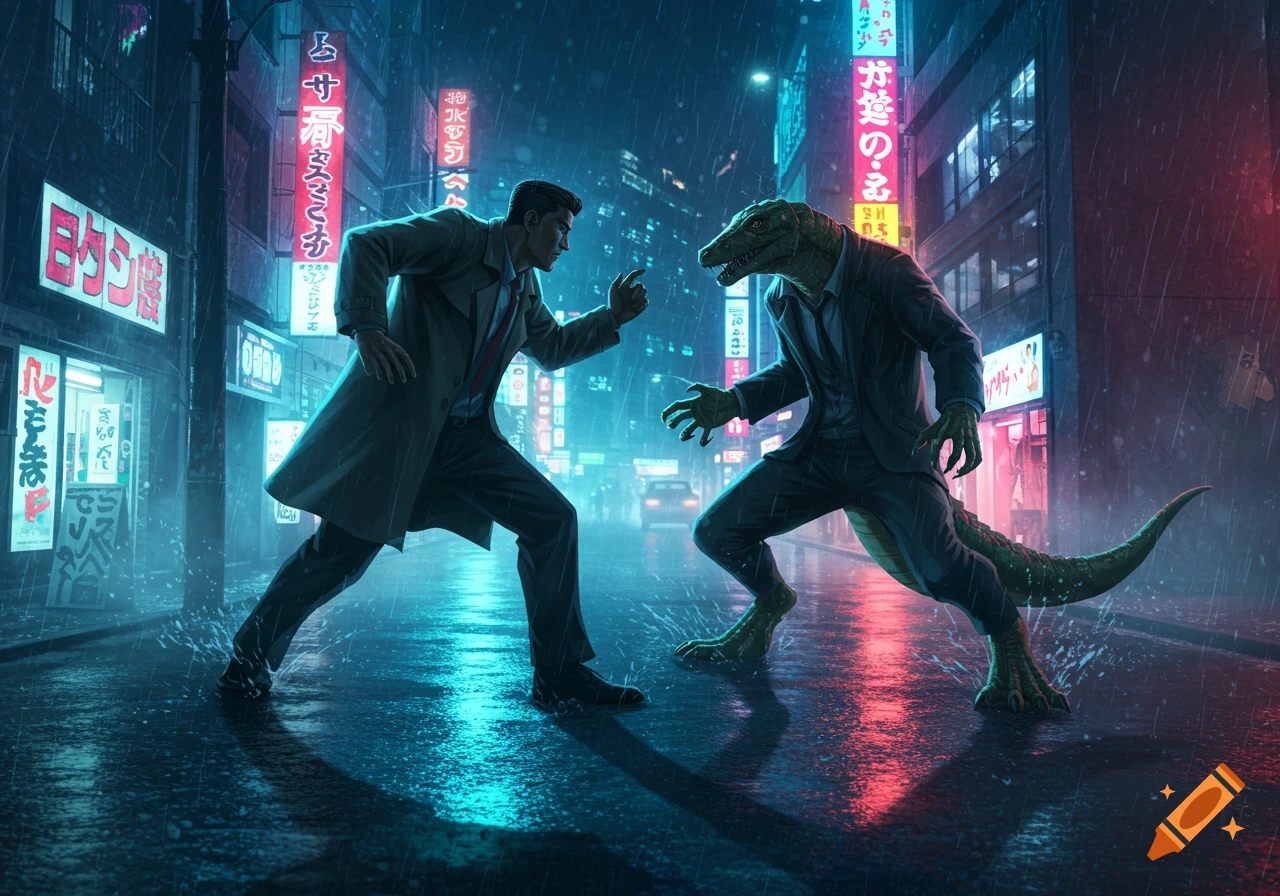 A man in a trench coat fights a lizardman in a rainy, neon-lit cyberpunk city at night, in an anime and noir style.