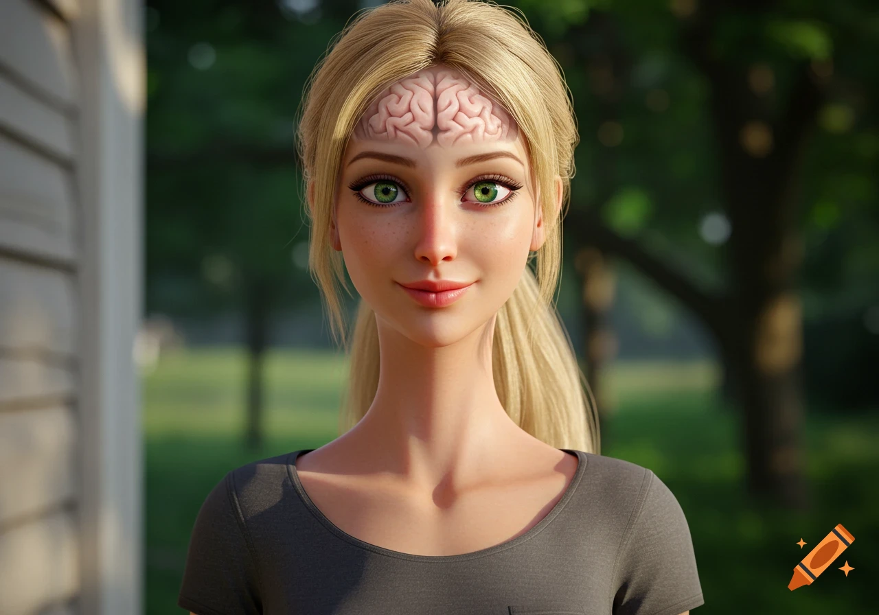 Close-up of a smiling blonde woman with green eyes and an exposed brain on her forehead, wearing a grey t-shirt, outdoors.