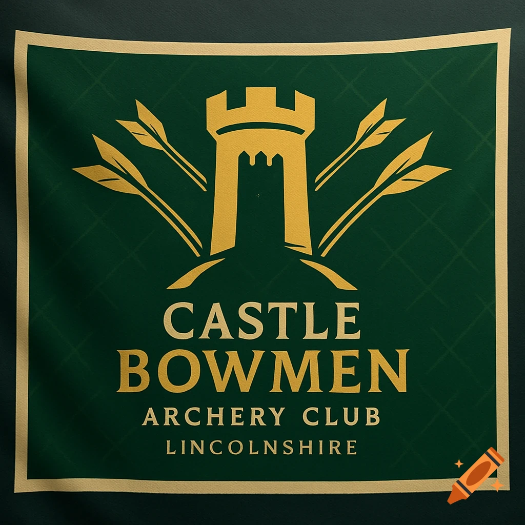 A dark green flag with a golden logo for 'Castle Bowmen Archery Club Lincolnshire', featuring a castle and arrows.