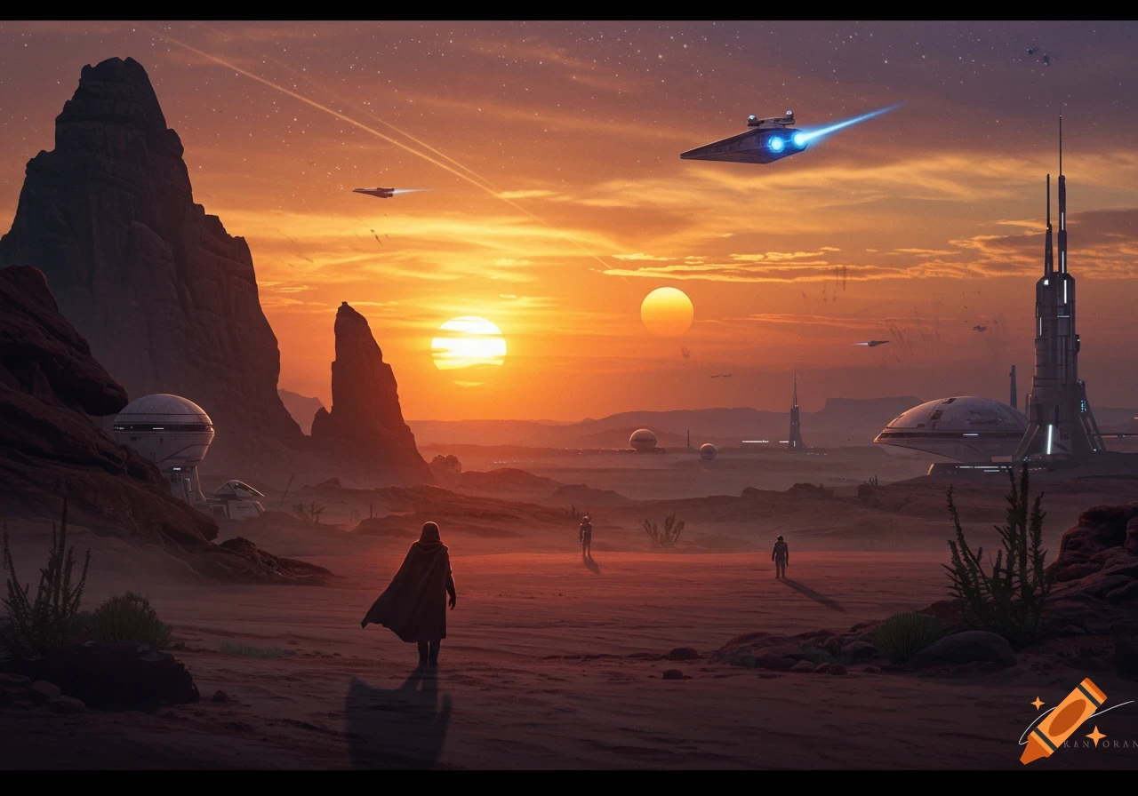 Sci-fi desert landscape at sunset with twin suns, futuristic buildings, spaceships, and robed figures walking across the sand.