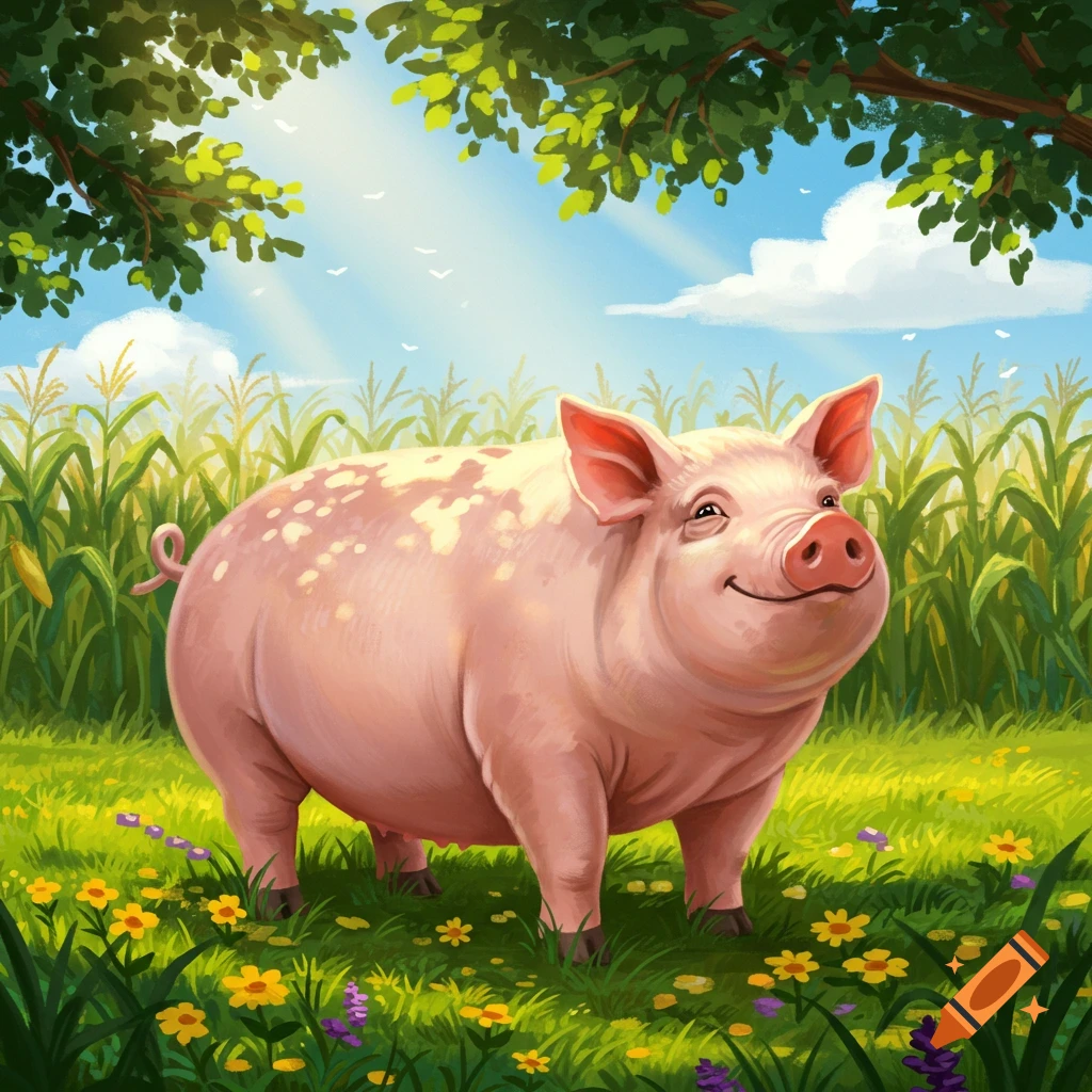 A happy pink pig smiles in a green field with yellow flowers, corn stalks, and trees under a sunny blue sky. Illustrative style.