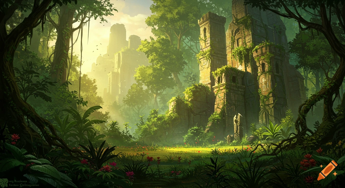 A lush, magical jungle landscape featuring ancient, vine-covered stone ruins bathed in warm sunlight.