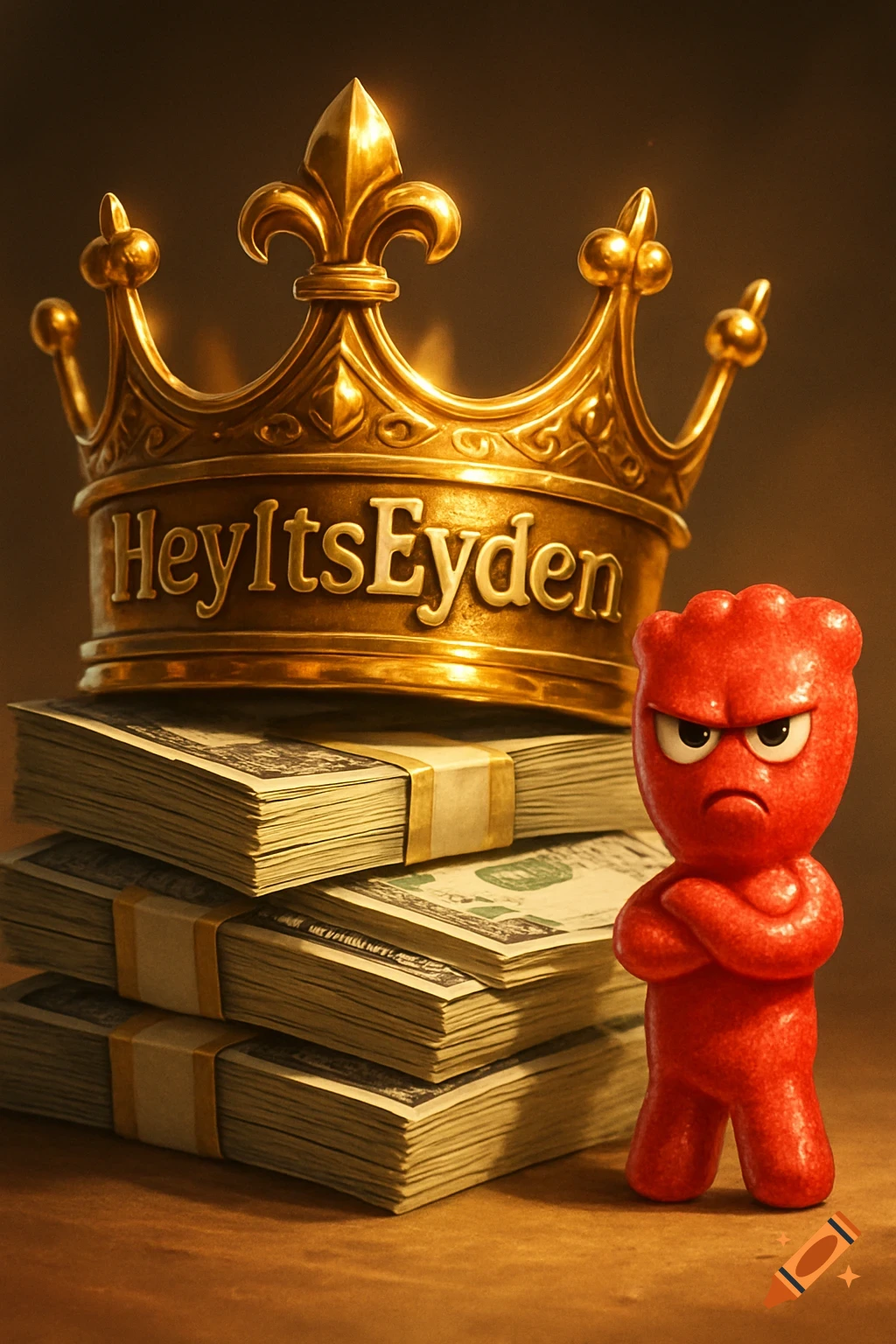 A glowing gold crown engraved with "HeyItsEyden" sits on stacks of dollar bills, next to an angry red Gummy Bear character.