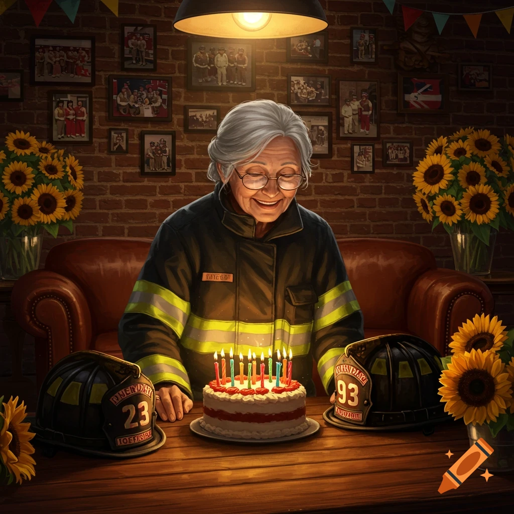 An elderly female firefighter with gray hair and glasses smiles brightly at a birthday cake with lit candles. Fire helmets and sunflowers adorn the table in a cozy, brick-walled room.